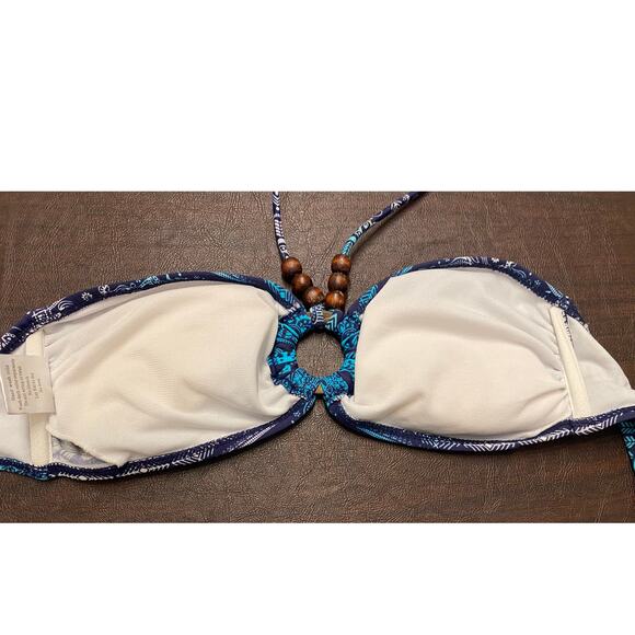 Wetseal Tie Bikini Top Blue White Wood Beads Ring Center Size Large Y2K Beach - Picture 5 of 7